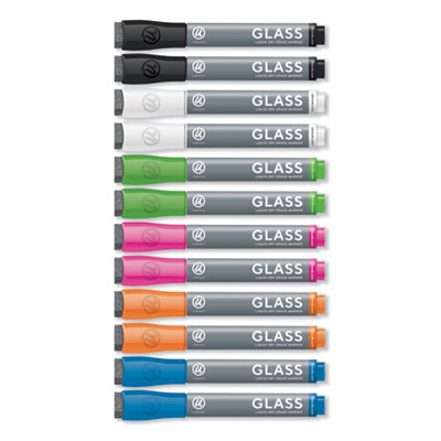 Bullet Tip Low-Odor Liquid Glass Markers with Erasers, Broad Bullet Tip, Assorted Colors, 12/Pack UBR2913U0012