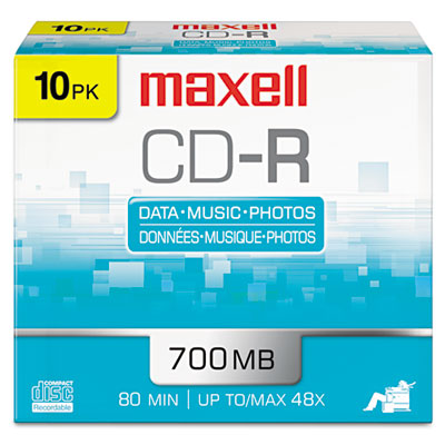 CD-R Recordable Disc, 700 MB/80 min, 48x, Slim Jewel Case, Silver, 10/Pack MAX648210