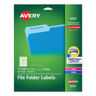 Clear Permanent File Folder Labels with Sure Feed Technology, 0.66 x 3.44, Clear, 30/Sheet, 15 Sheets/Pack AVE5029