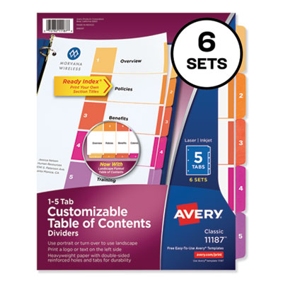 Customizable TOC Ready Index Multicolor Dividers, 5-Tab, Letter, 6 Sets AVE11187