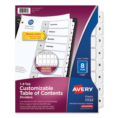 Customizable TOC Ready Index Black and White Dividers, 8-Tab, Letter AVE11132