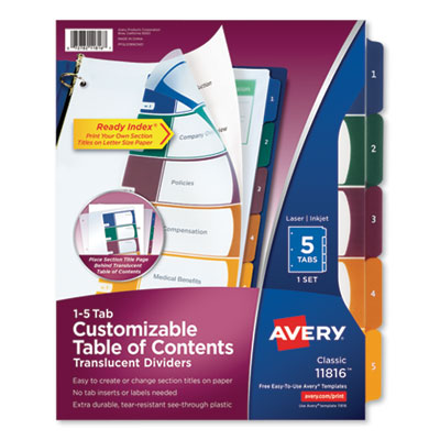 Customizable Table of Contents Ready Index Dividers with Multicolor Tabs, 5-Tab, 1 to 5, 11 x 8.5, Translucent, 1 Set AVE11816