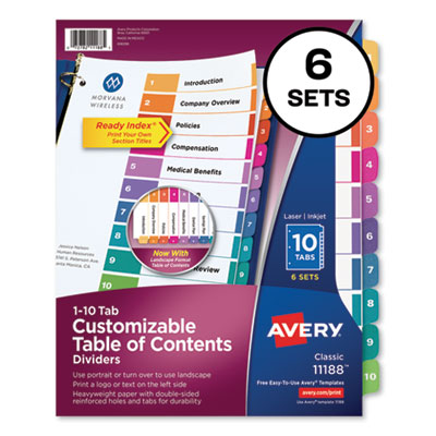 Customizable TOC Ready Index Multicolor Dividers, 10-Tab, Letter, 6 Sets AVE11188