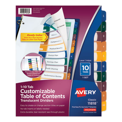 Customizable Table of Contents Ready Index Dividers with Multicolor Tabs, 10-Tab, 1 to 10, 11 x 8.5, Translucent, 1 Set AVE11818