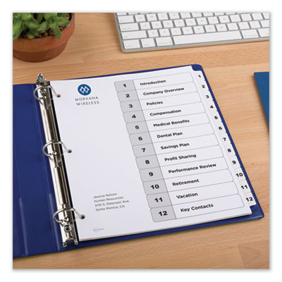 Customizable TOC Ready Index Black and White Dividers, 12-Tab, 1 to 12, 11 x 8.5, 1 Set