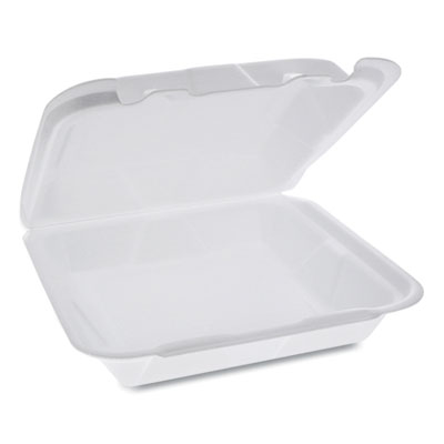 Foam Hinged Lid Containers, Dual Tab Lock Happy Face, 8 x 7.75 x 2.25, White, 200/Carton