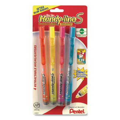 ULTRA-SLIM HANDY-LINE S RETRACTABLE/REFILLABLE HIGHLIGHTERS, ASSORTED INK COLORS, CHISEL TIP, ASSORTED BARREL COLORS, 4/PK