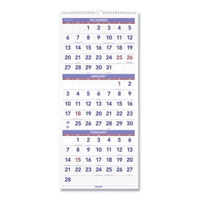 Deluxe Three-Month Reference Wall Calendar, Vertical Orientation, 12 x 27,  White Sheets, 14-Month (Dec to Jan): 2023 to 2025 - Supply Solutions
