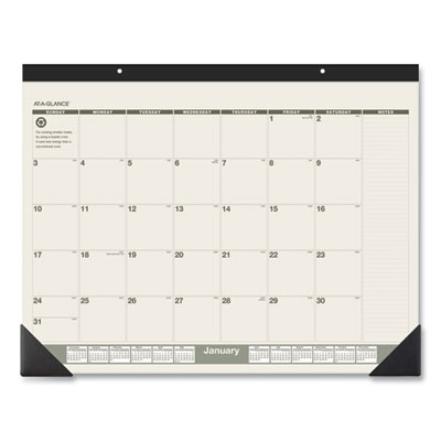 Recycled Monthly Desk Pad, 22 x 17, Sand/Green Sheets, Black Binding, Black Corners, 12-Month (Jan to Dec): 2022