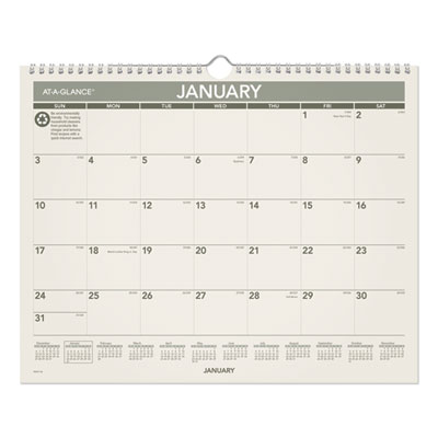 Recycled Wall Calendar, Unruled Blocks, 15 x 12, Sand/Green Sheets, 12-Month (Jan to Dec): 2022