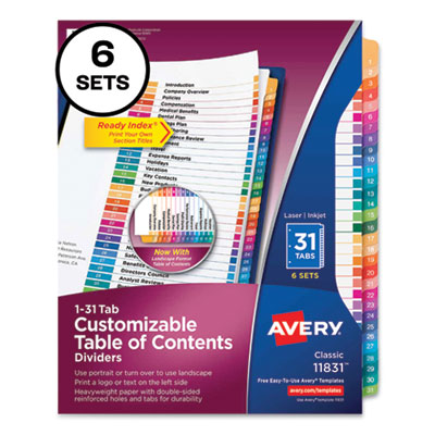 Customizable Table of Contents Ready Index Multicolor Dividers, 31-Tab, 1 to 31, 11 x 8.5, 6 Sets AVE11831