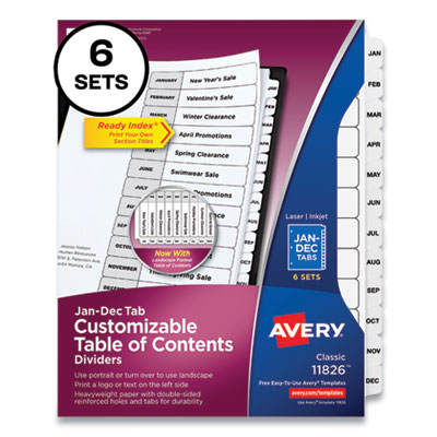 Customizable Table of Contents Ready Index Black and White Dividers, 12-Tab, Jan. to Dec., 11 x 8.5, 6 Sets AVE11826