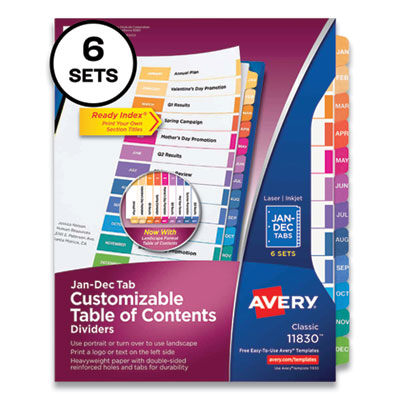 Customizable Table of Contents Ready Index Multicolor Dividers, 12-Tab, Jan. to Dec., 11 x 8.5, 6 Sets AVE11830