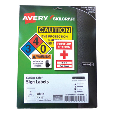 7530016878146 SKILCRAFT/AVERY Surface Safe Sign Labels, 7 x 10, White, 1/Sheet, 15 Sheets/Box, 12 Boxes/Box NSN6878146