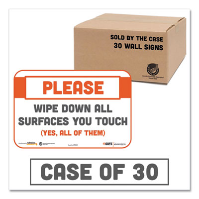 BeSafe Messaging Repositionable Wall/Door Signs, 9 x 6, Please Wipe Down All Surfaces You Touch, White, 30/Carton TAB29163