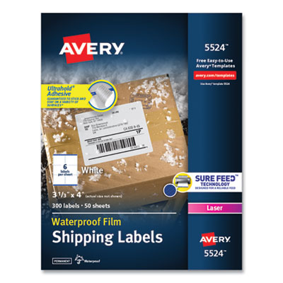 Waterproof Shipping Labels with TrueBlock and Sure Feed, Laser Printers, 3.33 x 4, White, 6/Sheet, 50 Sheets/Pack AVE5524