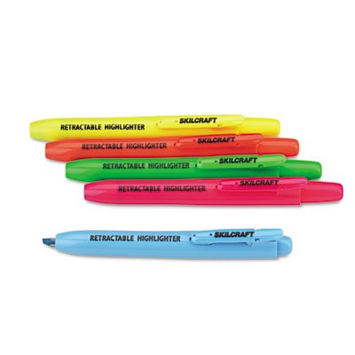7520015548208, SKILCRAFT Retractable Highlighter, Assorted Ink Colors, Chisel Tip, Assorted Barrel Colors, 10/Set