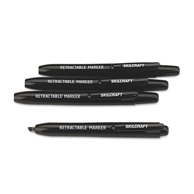 7520015550297, SKILCRAFT Retractable Permanent Marker, Broad Chisel Tip, Black, 4/Pack