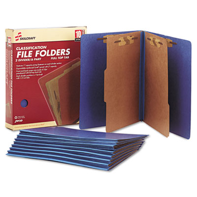 7530015567914, SKILCRAFT Pressboard Top Tab Classification Folder, 2 Dividers, 6 Fasteners, Letter Size, Dark Blue, 10/Box