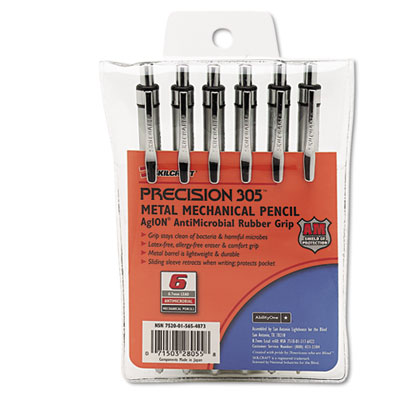 7520015654875, SKILCRAFT Precision 305 Metal Barrel Mechanical Pencil, 0.5 mm, Black Lead, Silver Barrel, 6/Pack