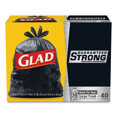 Large Quick-Tie Trash Bags, Extra Strong, 30 gal, 0.81 mil, 30 x 33, Black, 40 Bags/Box, 4 Boxes/Carton
