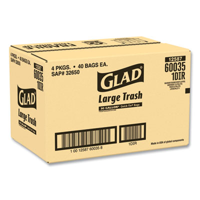 Large Quick-Tie Trash Bags, Extra Strong, 30 gal, 0.81 mil, 30 x 33, Black, 40 Bags/Box, 4 Boxes/Carton