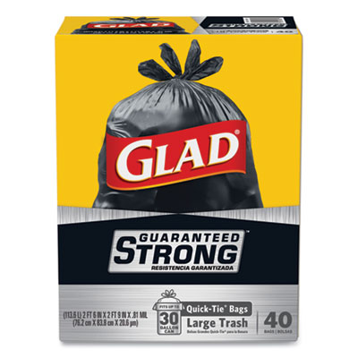 Large Quick-Tie Trash Bags, Extra Strong, 30 gal, 0.81 mil, 30 x 33, Black, 40 Bags/Box, 4 Boxes/Carton