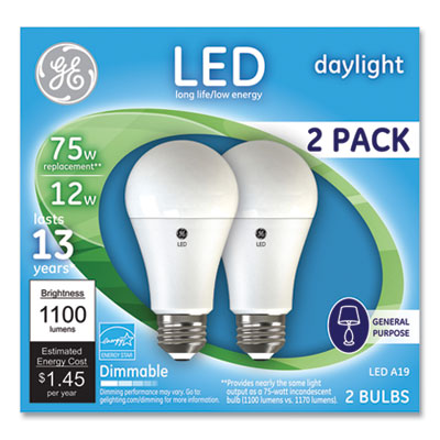 75W LED Bulbs, 12 W, A19 Bulb, Daylight, 2/Pack GEL93127670