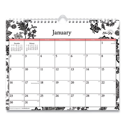Analeis Wall Calendar, Analeis Floral Artwork, 11 x 8.75, White/Black/Coral Sheets, 12-Month (Jan to Dec): 2023 BLS100028