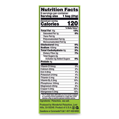 Wonderful No Shells Pistachios, Roasted And Salted, 0.75 Oz Bag, 9 Bags/box, 4 Boxes/carton