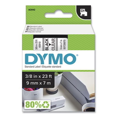 D1 High-Performance Polyester Removable Label Tape, 0.37" x 23 ft, Black on Clear DYM40910