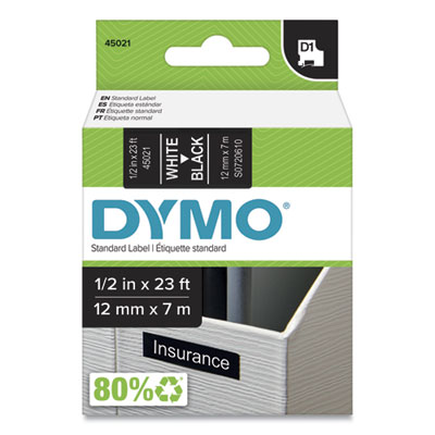 D1 High-Performance Polyester Removable Label Tape, 0.5" x 23 ft, White on Black DYM45021