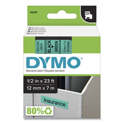 D1 High-Performance Polyester Removable Label Tape, 0.5" x 23 ft, Black on Green DYM45019