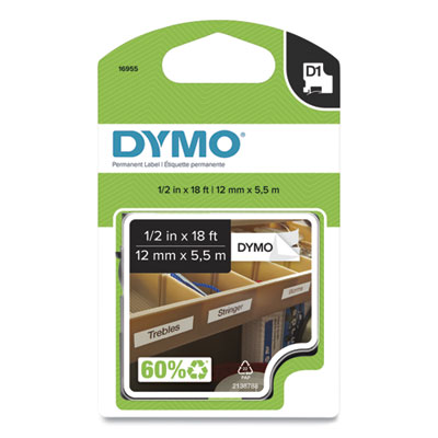 D1 High-Performance Polyester Permanent Label Tape, 0.5" x 18 ft, Black on White DYM16955