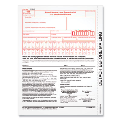 TOPS 1096 Tax Form for Inkjet/Laser Printers, Fiscal Year: 2022, One-Part (No Copies), 8 x 11, 10 Forms Total