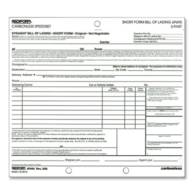 Bill of Lading, Short Form, Three-Part Carbonless, 7 x 8.5, 1/Page, 50 Forms RED6P695
