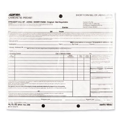 Speediset Bill of Lading, Short Form, Three-Part Carbonless, 7 x 8.5, 50 Forms Total