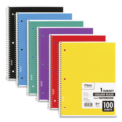Spiral Notebook, 3-Hole Punched, 1-Subject, Medium/College Rule, Randomly Assorted Cover Color, (100) 11 x 8 Sheets