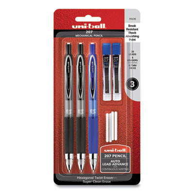 207 Mechanical Pencil with Lead and Eraser Refills, 0.7 mm, HB (#2), Black Lead, Assorted Barrel Colors, 3/Set UBC70139