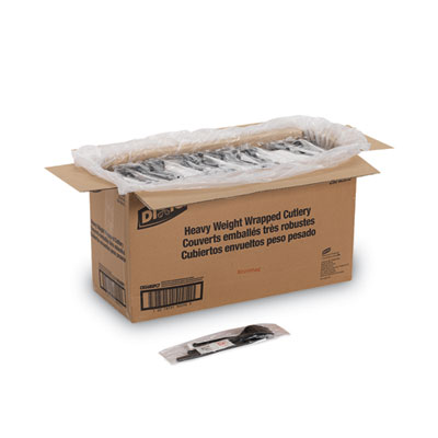 Wrapped Tableware/Napkin Packets, Mediumweight, Fork/Knife/Napkin/Spoon, Plastic, Black, 250/Carton