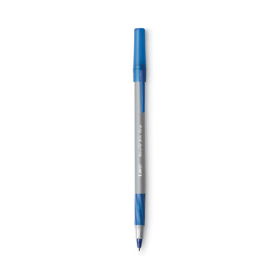 Round Stic Grip Xtra Comfort Ballpoint Pen, Stick, Fine 0.8 mm, Blue Ink, Gray/Blue Barrel, Dozen