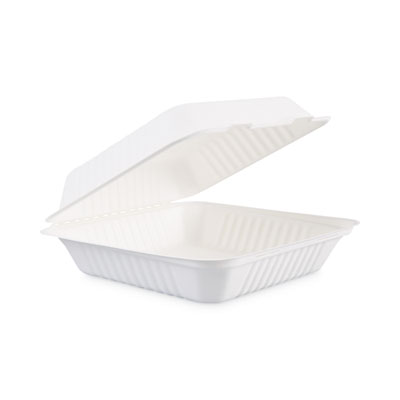 Bagasse Food Containers, Hinged-Lid, 1-Compartment 9 x 9 x 3.19, White, 100/Sleeve, 2 Sleeves/Carton BWKHINGEWF1CM9