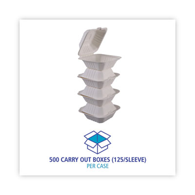 Bagasse Food Containers, Hinged Lid, 6 x 6 x 3.19, White, Sugarcane, 125/Sleeve, 4 Sleeves/Carton