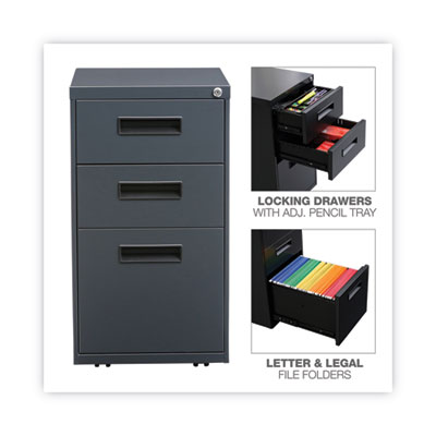 File Pedestal, Left or Right, 3-Drawers: Box/Box/File, Legal/Letter, Charcoal, 14.96