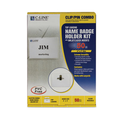 Name Badge Kits, Top Load, 4 x 3, Clear, Combo Clip/Pin, 50/Box