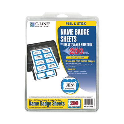 C-Line Laser Printer Name Badges, 3 3/8 X 2 1/3, White/blue, 200/box (CLI92365) CLI92365