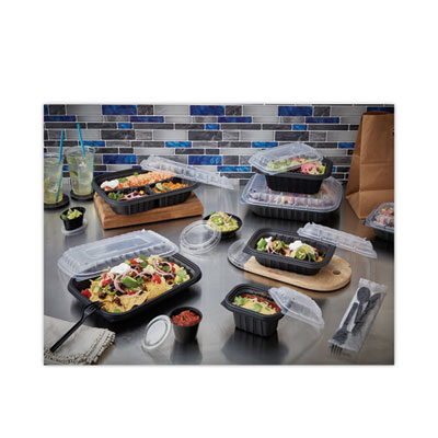 EarthChoice Entree2Go Takeout Container, 3 Compartments, 48 oz, 11.75 x 8.75 x 2.13, Black, Plastic, 200/Carton