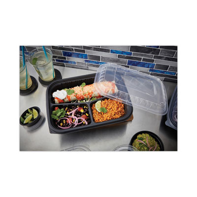 EarthChoice Entree2Go Takeout Container, 3 Compartments, 48 oz, 11.75 x 8.75 x 2.13, Black, Plastic, 200/Carton
