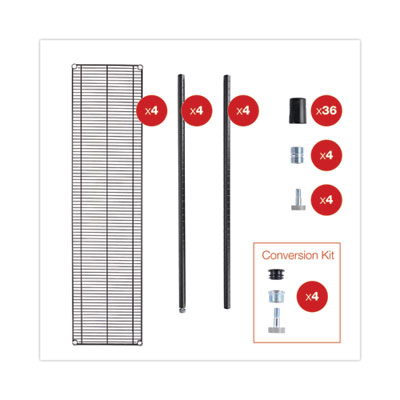 BA Plus Wire Shelving Kit, Four-Shelf, 72w x 18d x 72h, Black Anthracite Plus