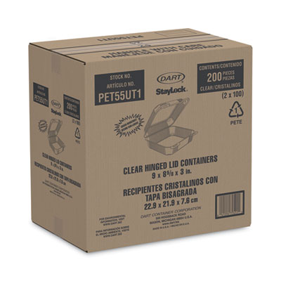 Dart StayLock Clear Hinged Lid Containers, 8.6 x 9 x 3, Clear, Plastic, 200/Carton (DCCPET55UT1) DCCPET55UT1